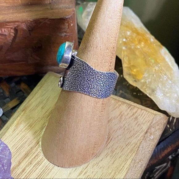 Natural Turquoise Wide Band Sterling Silver Ring Size 8 - Picture 2 of 6